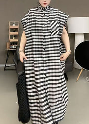 Casual Black Striped Stand Collar Button Maxi Dress Short Sleeve