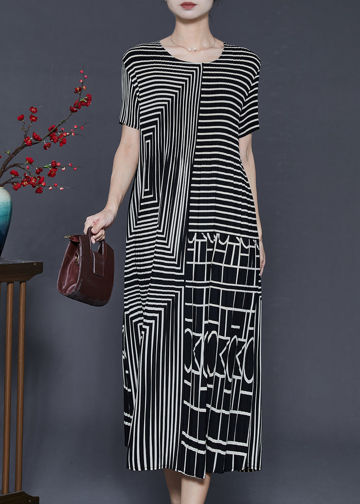 Casual Black Striped Wrinkled Chiffon Long Dresses Summer