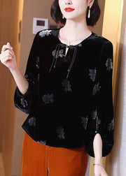 Casual Black Tasseled Print Patchwork Velour Top Lantern Sleeve