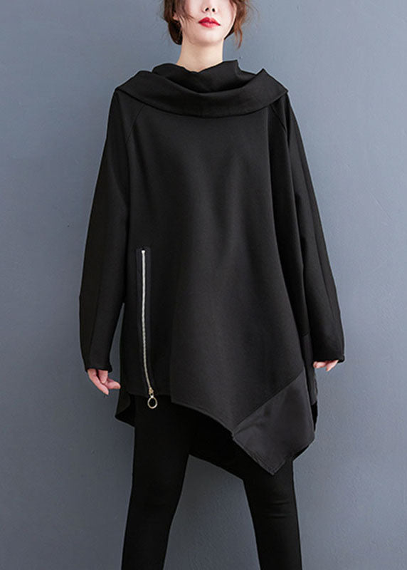 Casual Black Turtle Neck Asymmetrical Patchwork Sweatshirts Fall