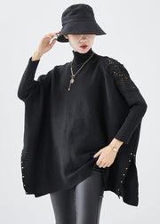 Casual Black Turtle Neck Oversized Side Open Knit Top Fall