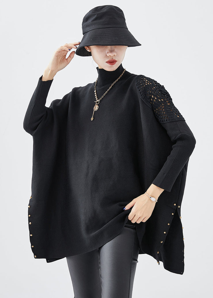 Casual Black Turtle Neck Oversized Side Open Knit Top Fall