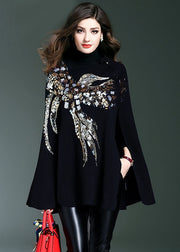 Casual Black Turtle Neck Sequins Knit Sweater Cloak Sleeves