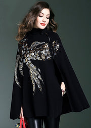 Casual Black Turtle Neck Sequins Knit Sweater Cloak Sleeves