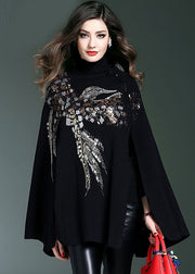 Casual Black Turtle Neck Sequins Knit Sweater Cloak Sleeves