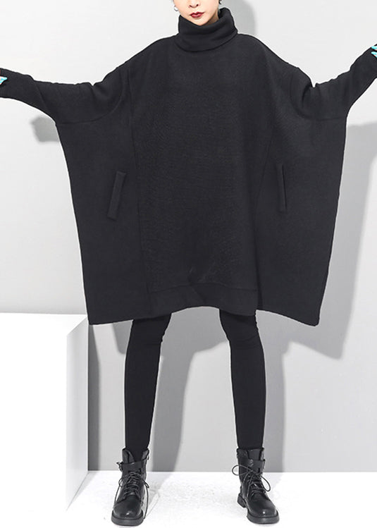 Casual Black Turtleneck Knit Mid Dresses Batwing Sleeve