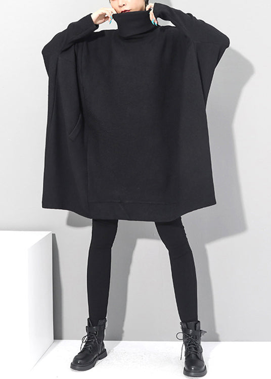 Casual Black Turtleneck Knit Mid Dresses Batwing Sleeve