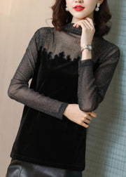 Casual Black Turtleneck Lace Tulle Patchwork Velour Tops Bottoming Shirt