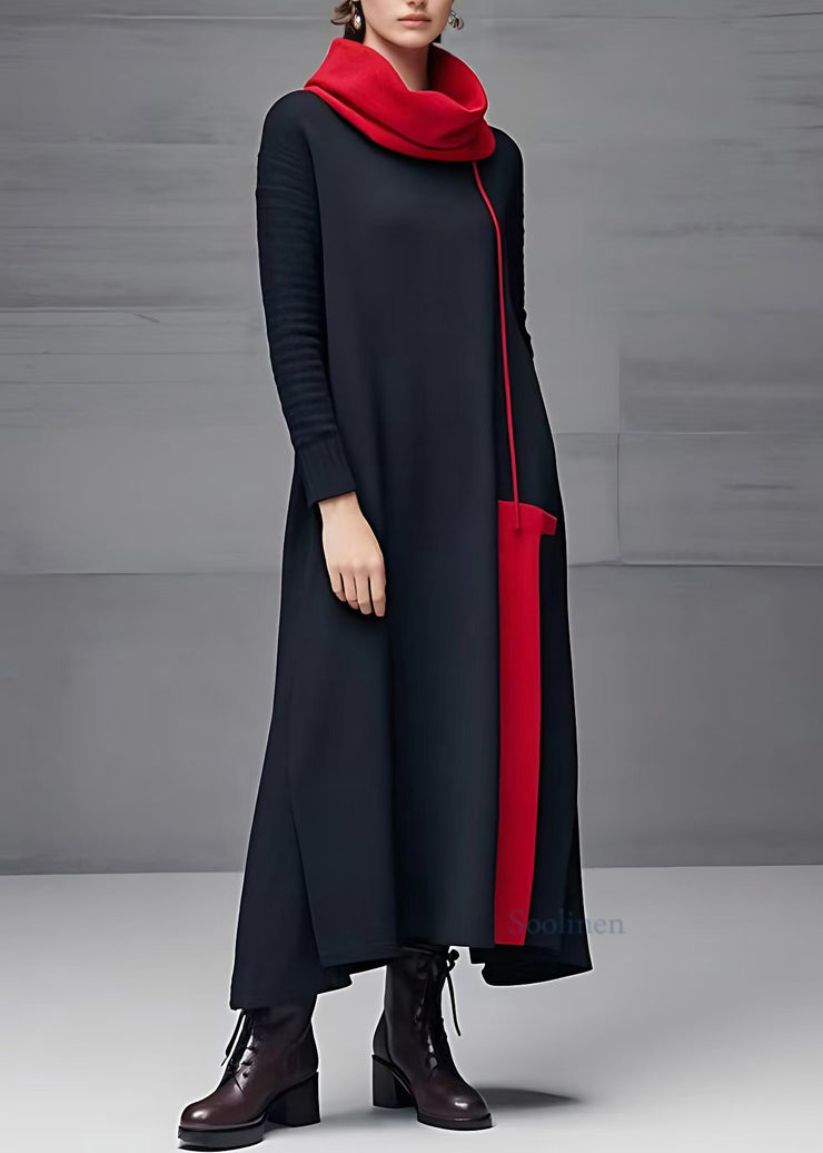 Casual Black Turtleneck Long Dresses Long Sleeve