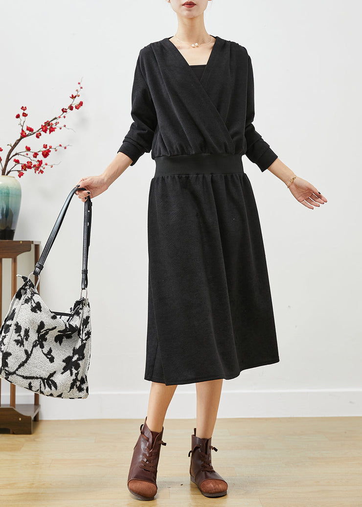 Casual Black V Neck Elastic Waist Cotton Sweatshirts Dress Fall