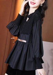 Casual Black V Neck Knit Patchwork Chiffon Shirt Top Long Sleeve