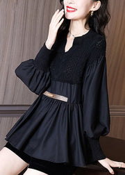 Casual Black V Neck Knit Patchwork Chiffon Shirt Top Long Sleeve