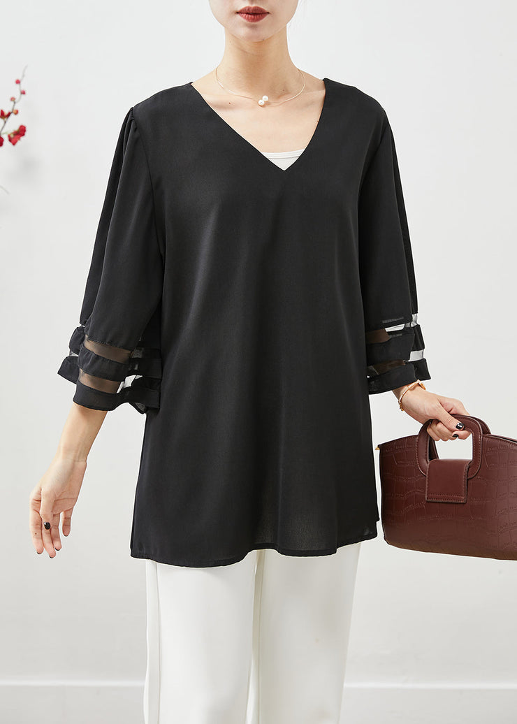 Casual Black V Neck Oversized Chiffon Tops Flare Sleeve