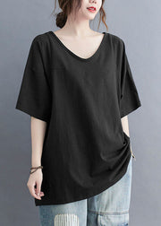 Casual Black V Neck Patchwork Cotton T Shirt Tops Summer