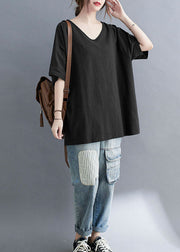 Casual Black V Neck Patchwork Cotton T Shirt Tops Summer