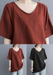 Casual Black V Neck Patchwork Cotton T Shirt Tops Summer