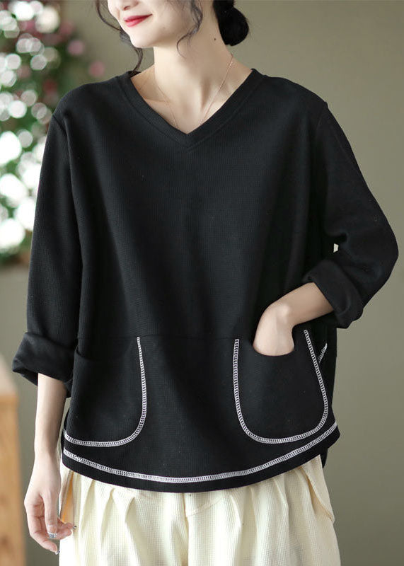 Casual Black V Neck Pockets Patchwork Cotton Sweatshirts Top Long Sleeve