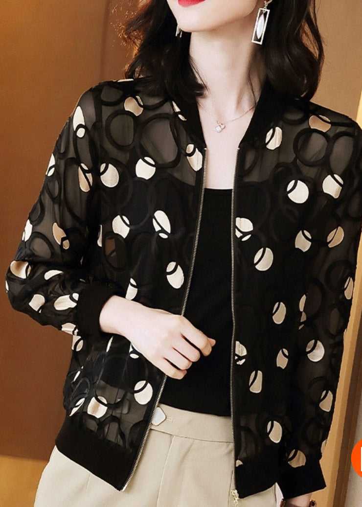 Casual Black V Neck Print Zippered Silk UPF 50+ Coat Long Sleeve