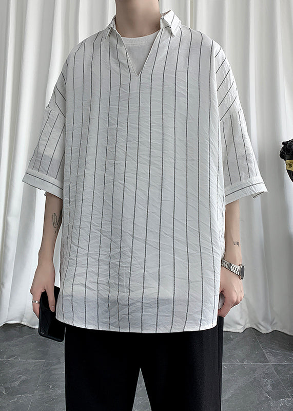 Casual Black V Neck Striped Cotton Mens Shirts Summer