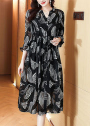 Casual Black V Neck Tie Waist Print Chiffon Holiday Dress Spring