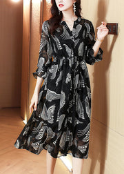 Casual Black V Neck Tie Waist Print Chiffon Holiday Dress Spring