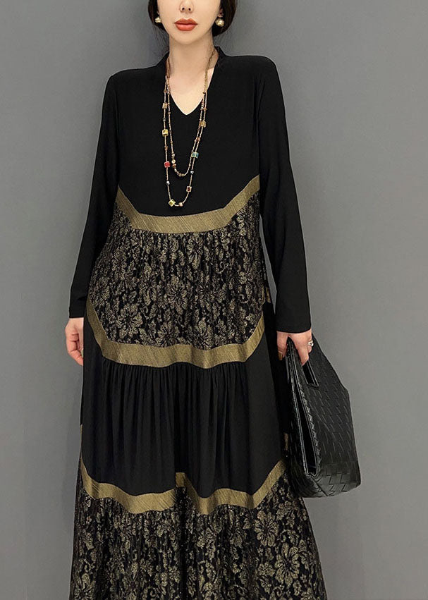 Casual Black V Neck Tulle Patchwork Wrinkled Long Dress Spring