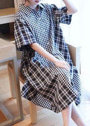 Casual Black White Plaid Peter Pan Collar Button Shirts Dresses Half Sleeve