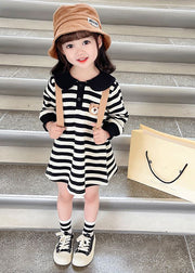 Casual Black White Striped Peter Pan Collar Print Kids Mid Dress Fall