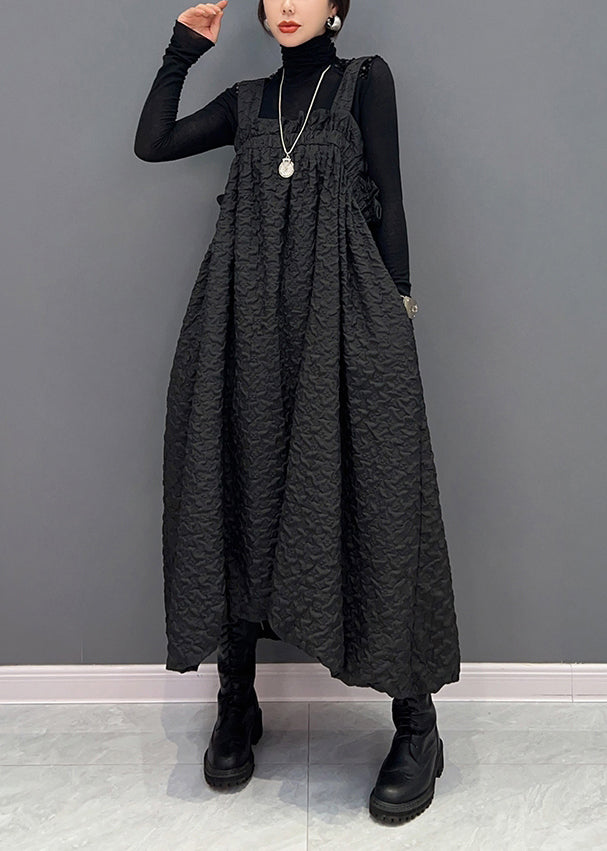 Casual Black Wrinkled Pockets Patchwork Cotton Carpenter Dresses Fall