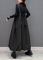 Casual Black Wrinkled Pockets Patchwork Cotton Carpenter Dresses Fall