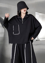 Casual Black Zippered Pockets Patchwork Cotton Sweatshirt Fall