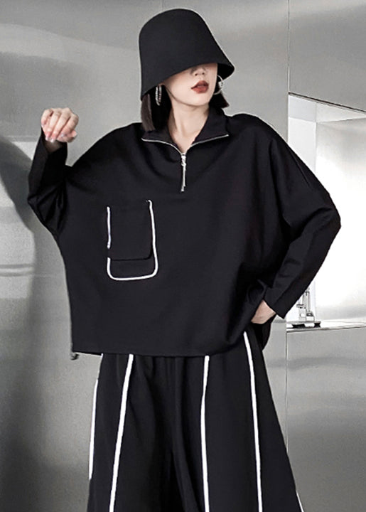 Casual Black Zippered Pockets Patchwork Cotton Sweatshirt Fall