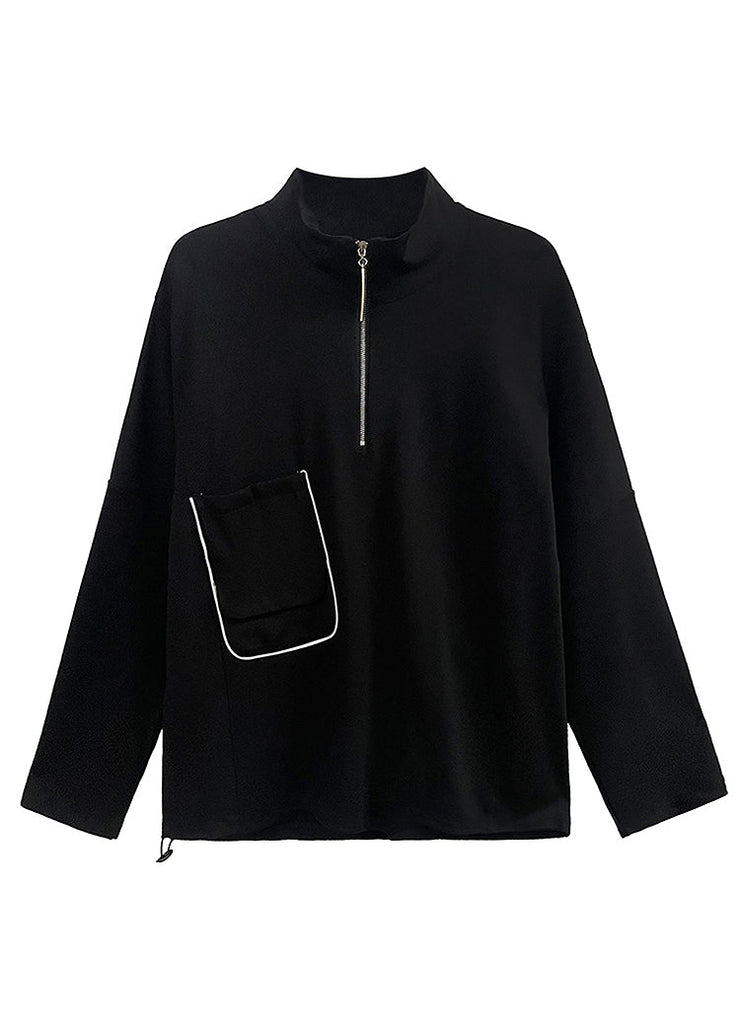 Casual Black Zippered Pockets Patchwork Cotton Sweatshirt Fall