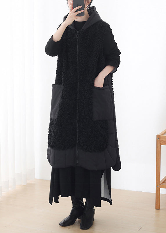 Casual Black Zippered Woolen Hoodies Waistcoat Sleeveless