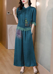 Casual Blackish Green Embroideried Patchwork Linen Two Pieces Set Summer