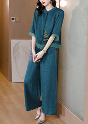 Casual Blackish Green Embroideried Patchwork Linen Two Pieces Set Summer