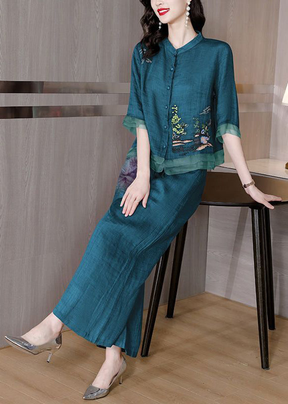 Casual Blackish Green Embroideried Patchwork Linen Two Pieces Set Summer