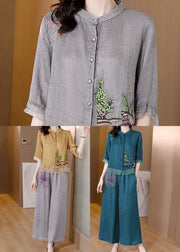 Casual Blackish Green Embroideried Patchwork Linen Two Pieces Set Summer