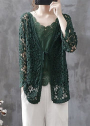 Casual Blackish Green Hollow Out Patchwork Knitting Cotton Cardigan Fall