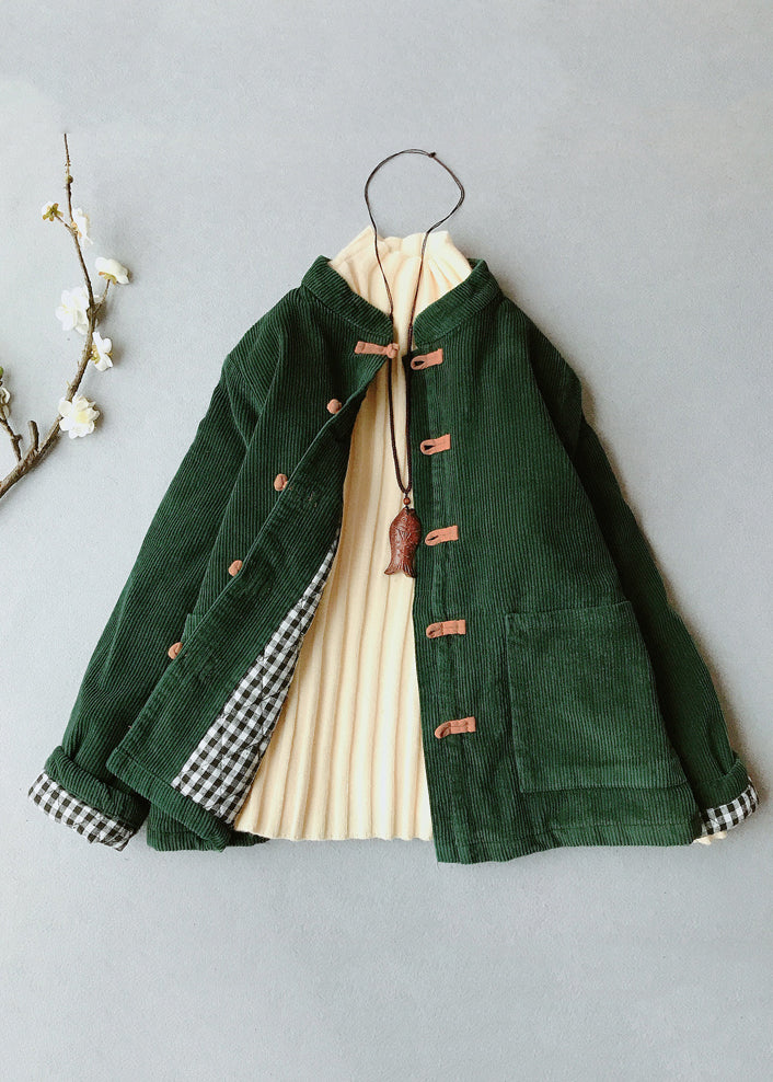 Casual Blackish Green O-Neck Pockets Thick Corduroy Parka Winter