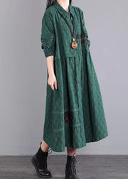 Casual Blackish Green Pockets Patchwork Cotton Shirts Dresses Fall