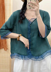 Casual Blackish Green V Neck Organza Patchwork Button Ramie Shirt Fall