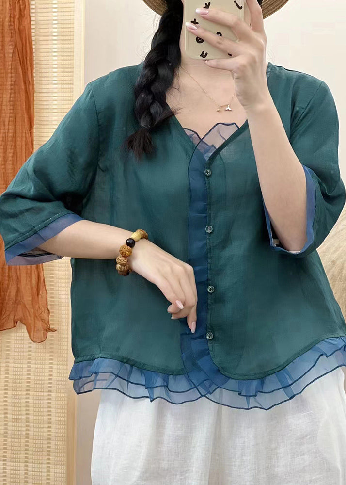 Casual Blackish Green V Neck Organza Patchwork Button Ramie Shirt Fall