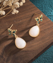 Casual Blue Ancient Gold Inlaid Jade Butterfly Water Drop Drop Earrings