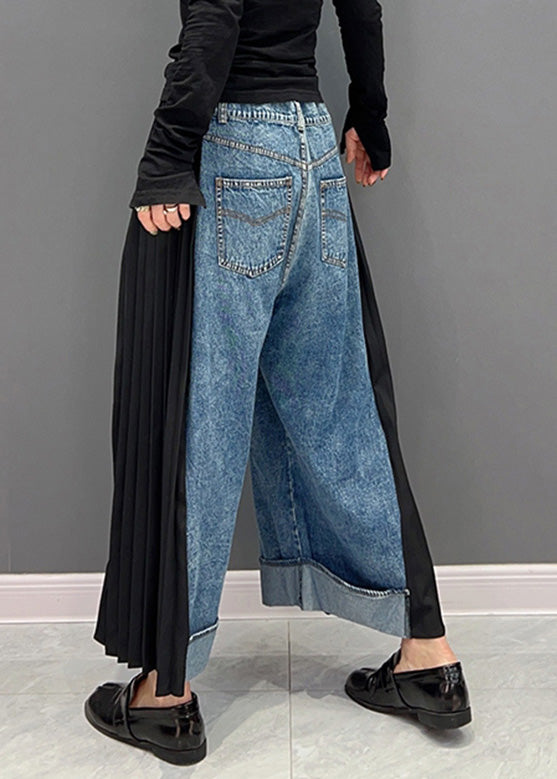 Casual Blue Chiffon Patchwork High Waist Dnime Straight Pants Spring