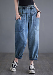 Casual Blue Elastic Waist Pockets Denim Harem Pants Summer