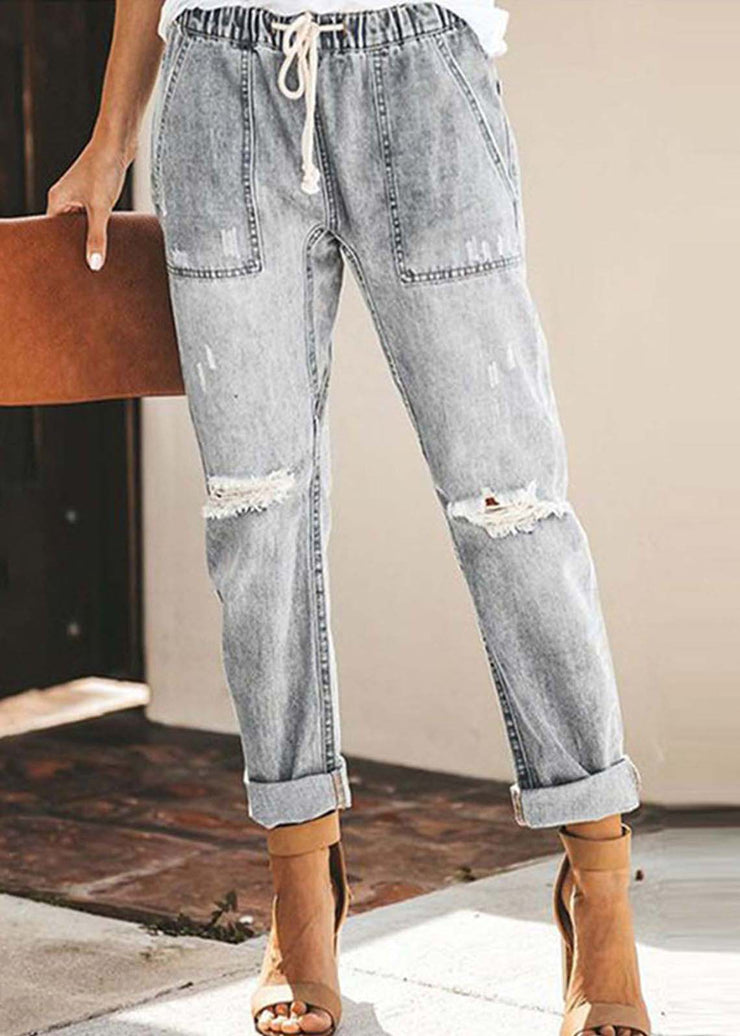 Casual Blue Elastic Waist Ripped Denim Harem Pants Summer