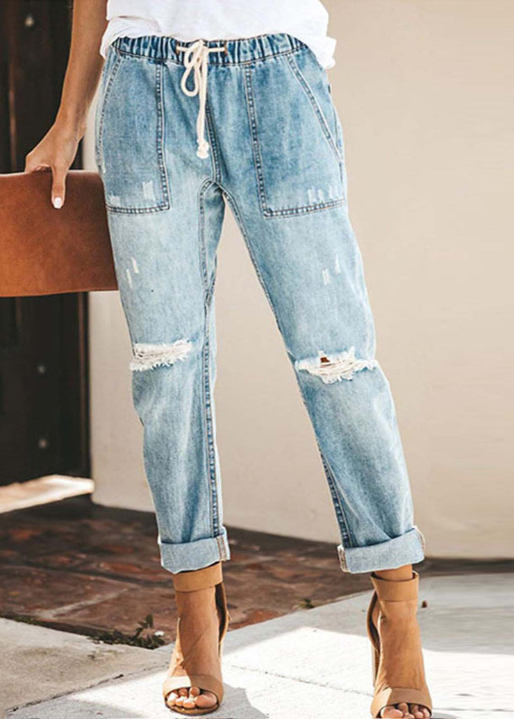 Casual Blue Elastic Waist Ripped Denim Harem Pants Summer