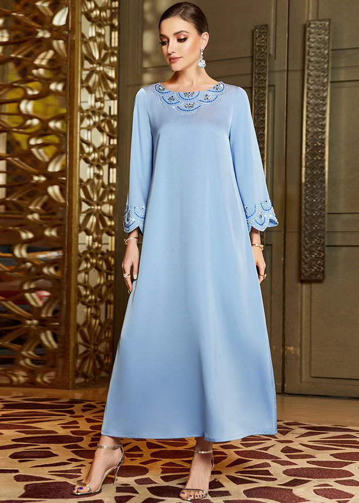 Casual Blue Embroideried Nail Bead Chiffon Vacation Long Dresses Long Sleeve