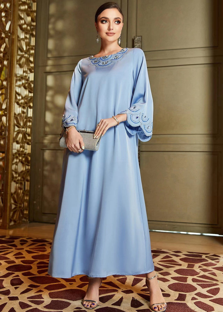 Casual Blue Embroideried Nail Bead Chiffon Vacation Long Dresses Long Sleeve